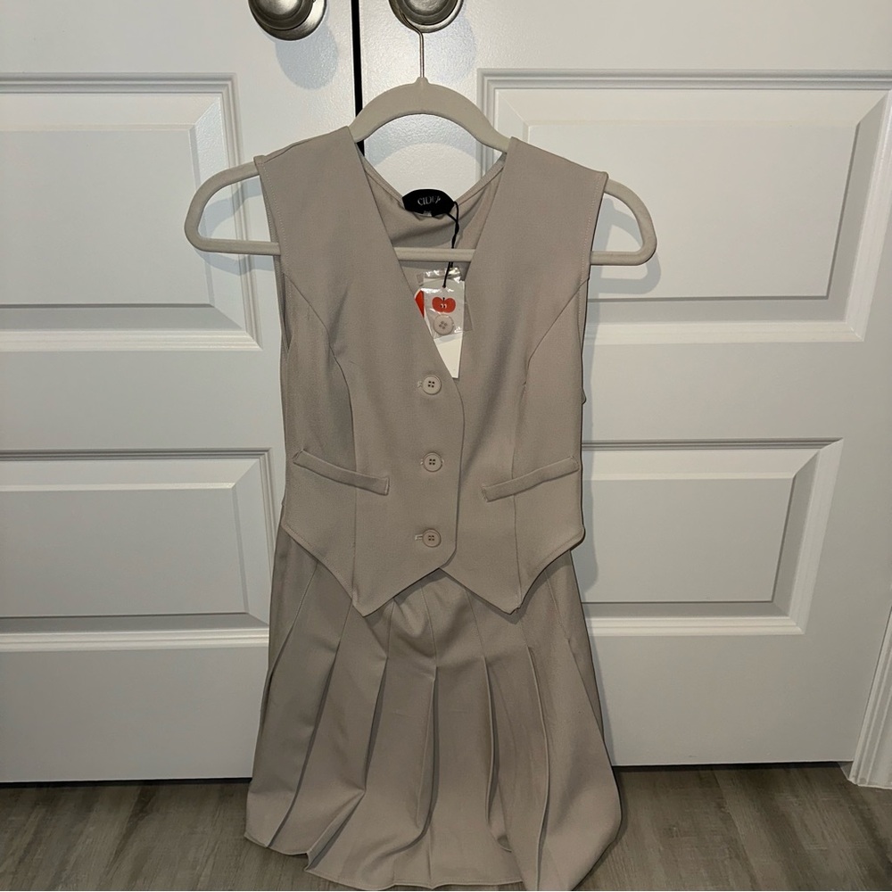 Cider Tan Pleated Sheath Dress V-Neck